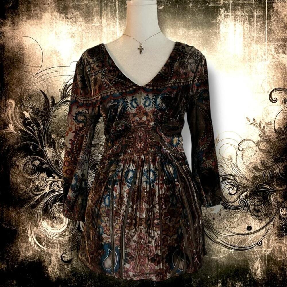 brown velour tunic with intricate baroque print boho fairy grunge whimsical top